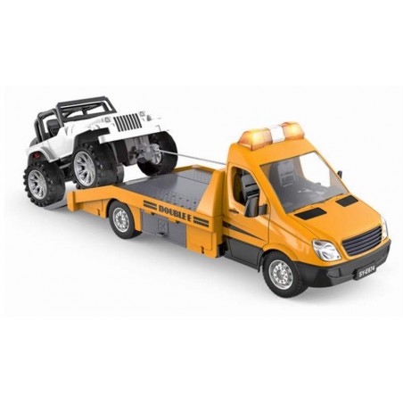 Caminhão de reboque com carro Jeep: Mercedes Benz Sprinter Transporter Double Eagle E674 na escala 1:18 de 2,4 GHz
