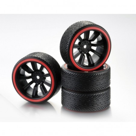 WHEEL SET DRIFT 9-SPOKE "PROFILE B" BLACK/RING RED 1:10 (4)